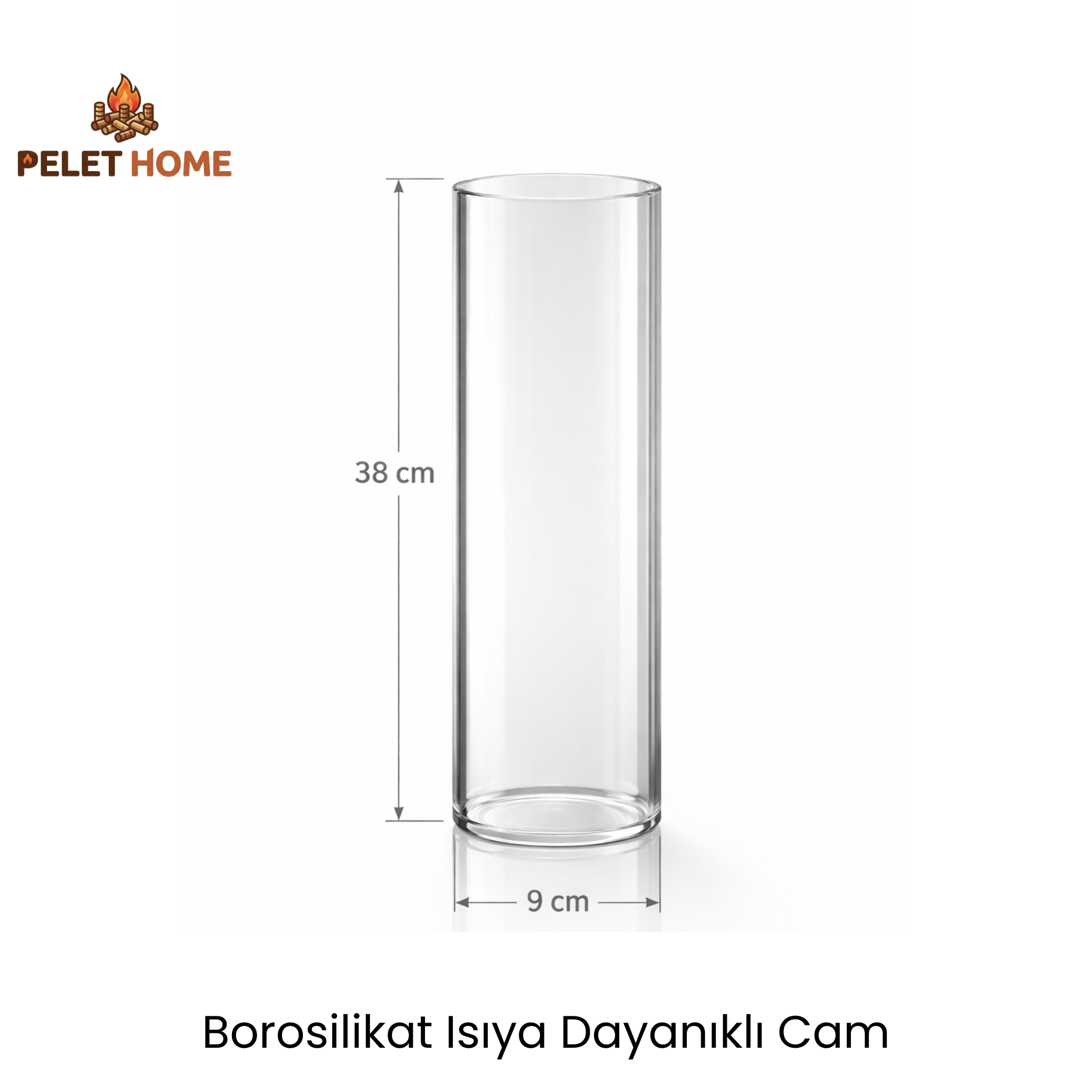 Yüksek Isıya Dayanıklı Borosilikat Cam Boru - 38 cm x 9 cm (Pelet Sobası ve Isıtıcı Uyumlu)